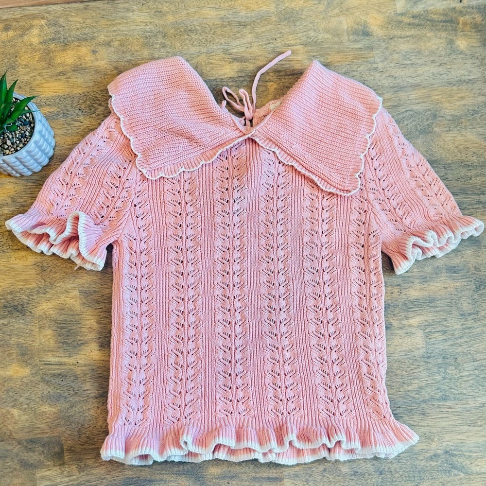 Pink Knit Top Ruffle Trim Peter Pan Collar Cottagecore Coquette Sweater Size S - Picture 2 of 7